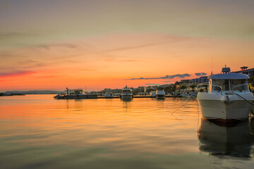 Yacht port in the town of Saint Vlas (Sweti Vlas) in Bulgaria. Sunset and beautiful views of the...