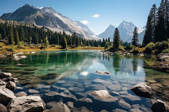 Stunning mountain lake landscape with crystal clear water and snow capped peaks in the distance