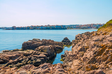 The coastline of the town of Sozopol in Bulgaria on a beautiful sunny day.
