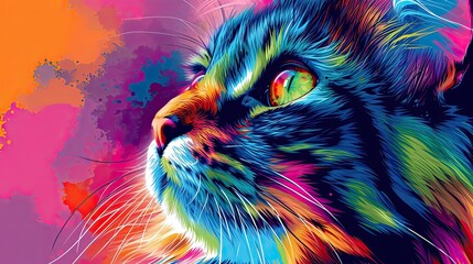 Creative colorful cat king head on pop art style