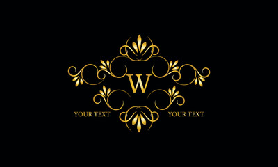 Luxury gold initial letter W monogram with frame ornament for boutique, beauty spa, hotel, resort, restaurant, jewelry, cosmetic logo design, wedding.