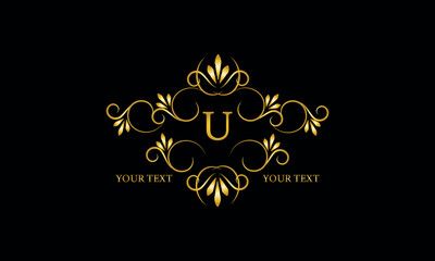 Luxury gold initial letter U monogram with frame ornament for boutique, beauty spa, hotel, resort, restaurant, jewelry, cosmetic logo design, wedding.