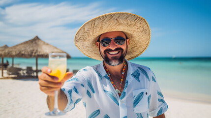 Photo of man in a straw hat with a cocktail in his hand on the beach