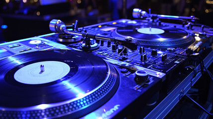 Platinum turntables in the DJ's booth
