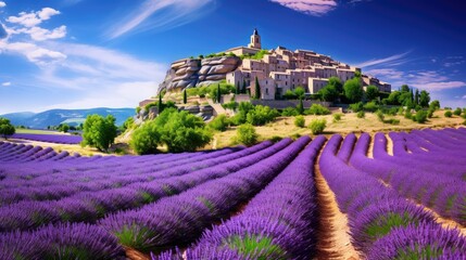blossoming lavender fields, rows, and Provencal houses—an iconic view in summer - obrazy, fototapety, plakaty