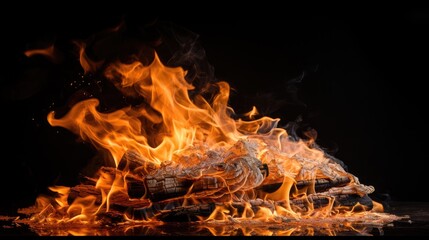 burning paper on a black background, capturing the destructive force and fiery display.