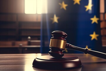 judge's gavel with the flag of the European Union