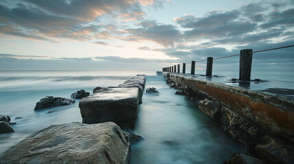 Seascapes with Long Exposures: Use long exposure techniques to capture the movement of water, creating a smooth and ethereal effect. Seascapes with interesting rocks, piers. Generative AI