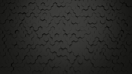 Wall background of randomly positioned black hexagons - 3D render - obrazy, fototapety, plakaty