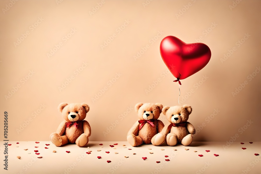 Wall mural  A heartwarming duo of teddy bears stands united, complemented by a heart-shaped balloon, against a soothing light beige background, - Wall murals