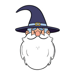 Hand drawn doodle face of wizard with beard and hat on a white background.