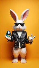 Punk rock Easter bunny, leather jacket, holding a crystal egg, making rock gesture, on bright solid color background.
