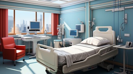 Modern hospital room interior with city view