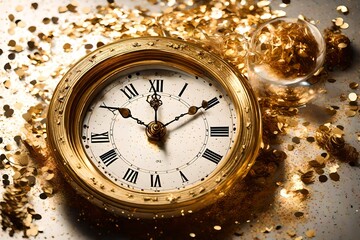  Radiant elegance emanates from a vintage gold clock amid golden bokeh lights