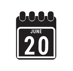 Calendar displaying page of the day 20 (twentieth) of the June - Day 20 of the month. Illustration
