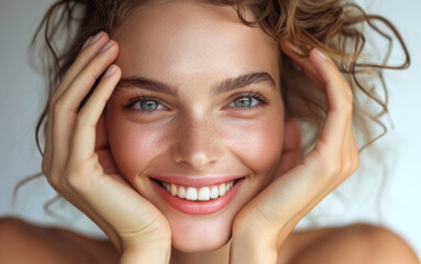 Fototapeta premium A young woman frames her eyes with her hands along with a smile - a delicately framed expression of the joy she carries within.