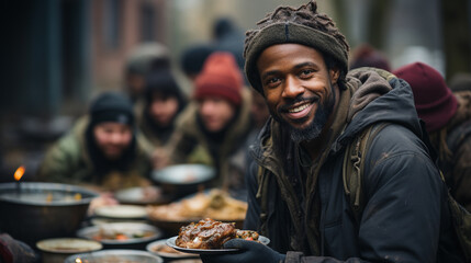 Poor homeless men eating together outside, charity