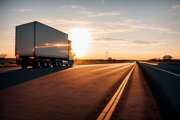 Truck driving on the road at sunset. Concept of logistics and transportation