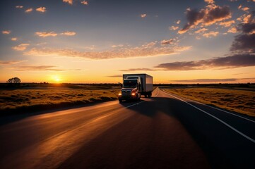 Fototapeta na wymiar Truck driving on the road at sunset. Concept of logistics and transportation