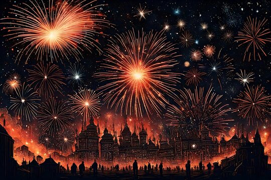 Spectacular explosions of light punctuate the festive darkness, as fireworks paint a breathtaking canvas in the night sky