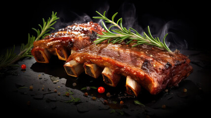 Delicious barbecued ribs served with chopped fresh herbs on dark background.