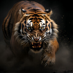 Obraz premium an Matejko-inspired symmetrical drawing: Explosive wildlife action meets an evil tiger's grin. A harmonious, intense composition like a symphony of untamed energy.