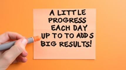 A little progress each day adds up the big results. Hand holding the pen. Orange background, and sticker with text.