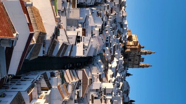 On White Village In Olvera, Province of Cadiz, Spain. Aerial vertical, vertical video background.