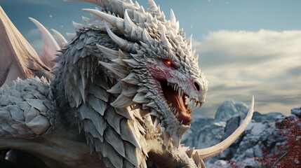 Fantasy dragon stands on the top of the mountain. Beautiful snowy mountains background.