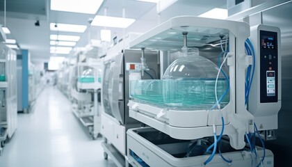 Row of Machines in Large Room, Industrial Manufacturing Equipment in Production Facility