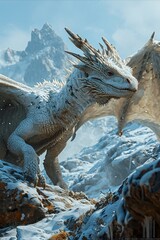 White fantasy dragon stands on the top of the mountain. Beautiful snowy mountains background.