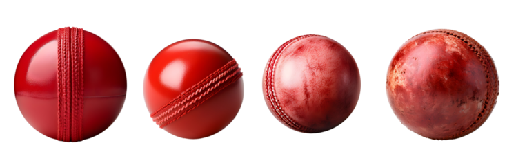 Red leather cricket balls, test cricket ball, on transparent background cutout - Generative AI	