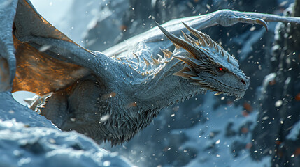 Fantasy white dragon with large, sharp wings on snowy mountain background.