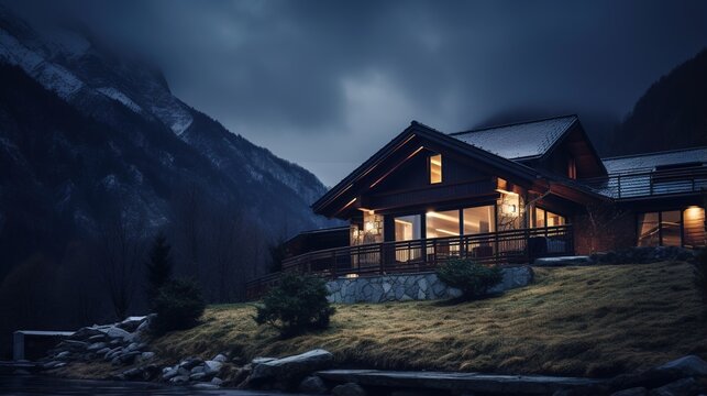 Modern mountain house with amazing view at night
