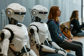 robots and humans sitting on the same bench