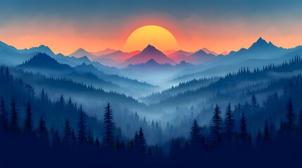 Obraz premium 2d illustration of mountains and forest as a background with clouds in watercolor