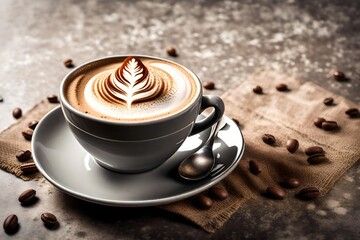 A high-definition image of an espresso shot, featuring rich crema and an intricately designed...