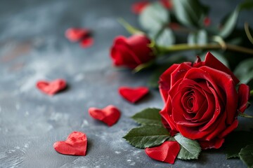 Valentine's day, red roses and heart-shaped rose petals, gray background