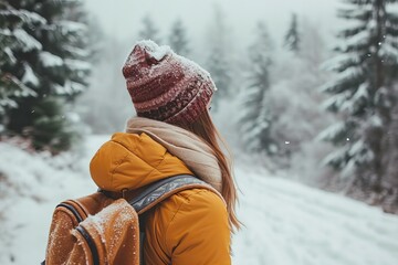 woman with backpack and in warm clothes walking on snowy forest road in winter