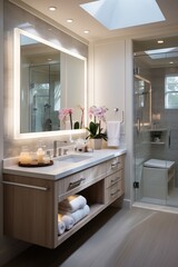 Fototapeta na wymiar Modern bathroom with large mirror and glass shower