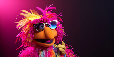 Lustige bunte Vogel Puppe mit Sonnenbrille auf Hippi in pink, ai generativ
