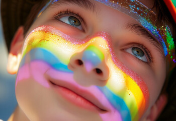 A boy painted on his face, sporting the rainbow transgender flag at the Pride festival.
