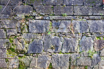 Aged stone wall with moss growth, showing natural textures and patterns