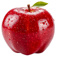 Dojrzałe pojedyńcze jabłko zroszone kroplami wody na przezroczystym tle. - obrazy, fototapety, plakaty