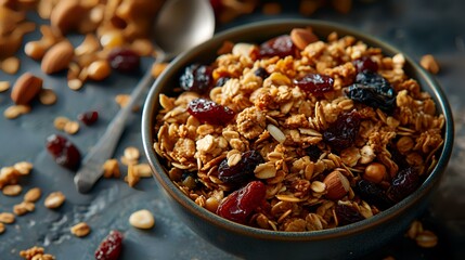 Healthy granola with nuts and raisins in a bowl on a dark background - obrazy, fototapety, plakaty