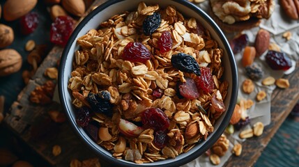 Homemade granola with nuts, raisins and dried cranberries