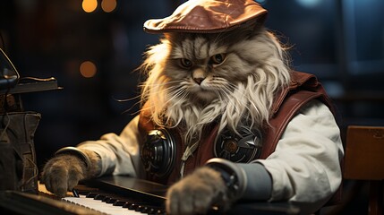 A gray cat wearing a brown leather hat and vest is playing the piano