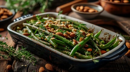 Green beans with almonds and arugula in a baking dish.
