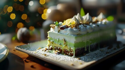 Green tea cake with lemon and nuts, selective focus, shallow depth of field