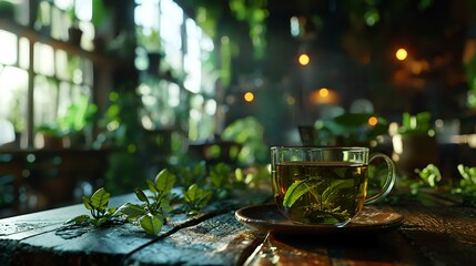 A cup of green tea with fresh mint leaves on an old wooden table